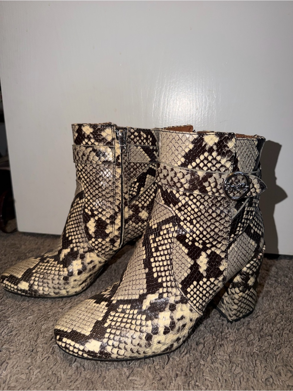 Coach Snake-Print Ankle Boots in Beige and Brown